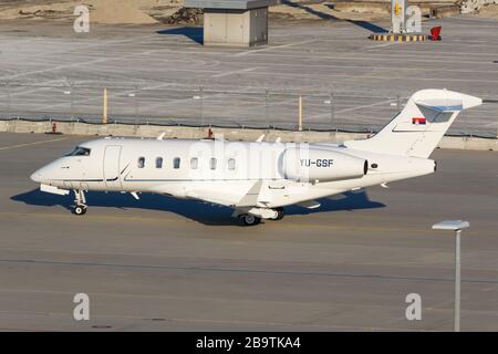 Munich, Germany – October 26, 2019: Private Bombardier Challenger 350 airplane at Munich airport (MUC) in Germany. Stock Photo