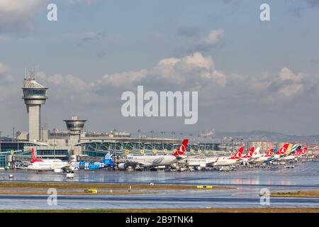 Istanbul, Turkey – February 15, 2019: Turkish Airlines airplanes at Istanbul Ataturk airport (IST) in Turkey. Stock Photo