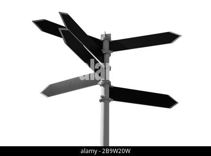 Empty guidepost with black arrow shaped labels isolated on white background Stock Photo