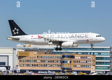Stuttgart, Germany – May 8, 2018: Turkish Airlines Airbus A320 airplane at Stuttgart airport (STR) in Germany. Airbus is a European aircraft manufactu Stock Photo