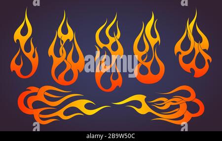 Red fire, old school flame elements set, isolated vector illustration Stock Vector