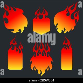 Red fire, old school flame tags set, gradient stickers backgrounds, isolated vector illustrations Stock Vector