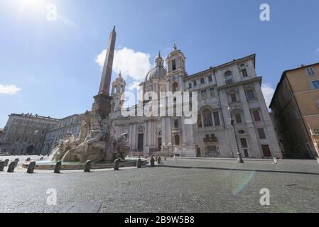 Rome, Italy-12 Mar 2020: Popular tourist spot Piazza Navona is empty following the coronavirus confinement measures put in place by the governement, R Stock Photo