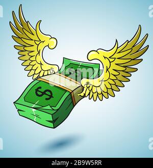 Flying stack of dollar banknotes, winged american currency, hand drawn vector illustration Stock Vector