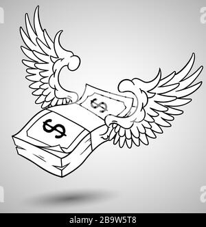 Flying stack of dollar banknotes, winged american currency, hand drawn vector outline illustration Stock Vector