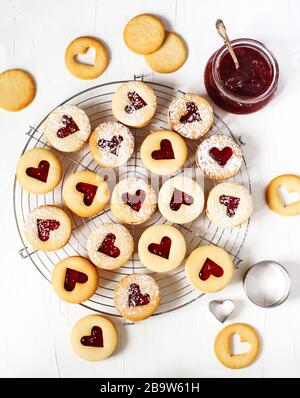 Traditional Linzer cookie with strawberry jam, top view Stock Photo