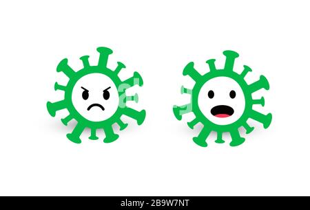 Virus and bacteria icons, green circles with angry and scared faces. Cartoon coronavirus emoji, sticker template. Illustration for medicine, news Stock Vector
