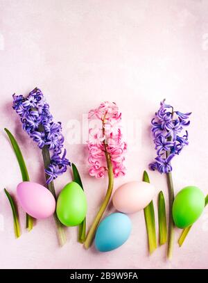 Spring Easter background with flowers and decoration eggs, copy space Stock Photo