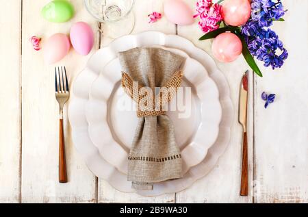 Easter table setting, top view Stock Photo