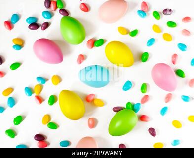 Easter eggs and candy background Stock Photo