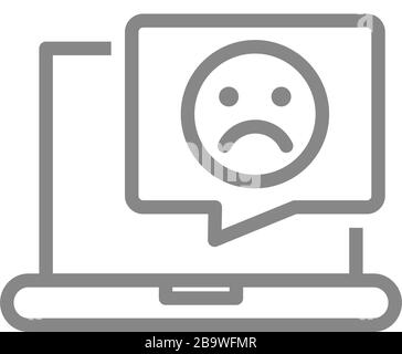 Laptop with sad face in speech bubble line icon. Dislike, upset customer, negative feedback, online message symbol Stock Vector