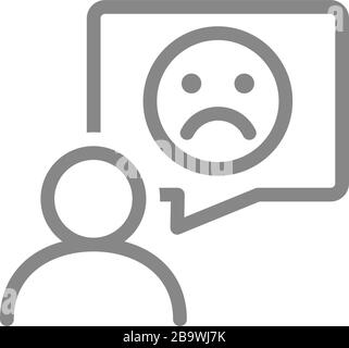 Person with speech bubble and sad face gray icon. Feedback