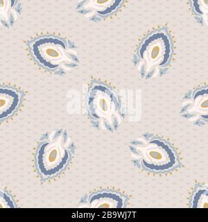 French blu shabby chic paisley vector texture background. Antique white yellow blue seamless pattern. Hand drawn floral interior wallpaper home decor Stock Vector