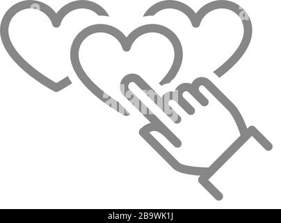 Hand chooses hearts rating line icon. Customer review, quality control symbol Stock Vector