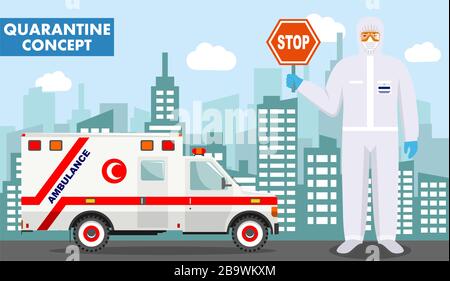 Quarantine and medical concept. Detailed illustration of muslim arabian doctor in protective suit and mask on background with emergency ambulance car Stock Vector