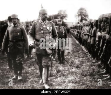 Field Marshal Paul von Hindenburg reviewing troops of German Army on the Western Front during World War I. He later became President of Germany from 1925 until his death, during the Weimar Republic. Stock Photo