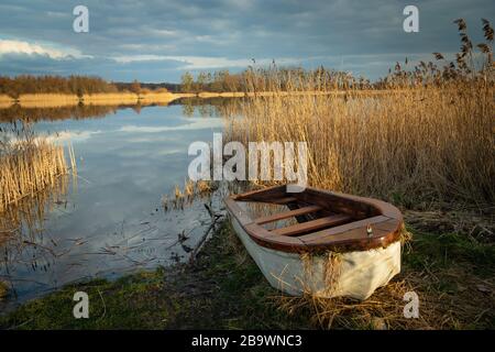 A small boat on the shore of the lake, dry reeds, horizon and cloudy sky Stock Photo