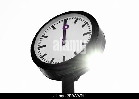 Controversial weekend time change. Clock installation Zeitfeld by Klaus Rinke at the northern entrance of the Volksgarten in Düsseldorf. Stock Photo