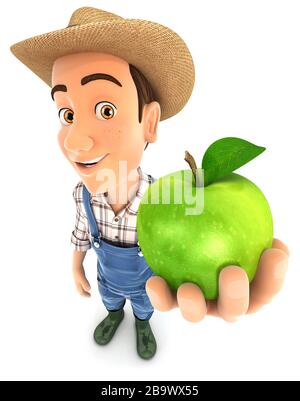 3d farmer holding green apple, illustration with isolated white background Stock Photo