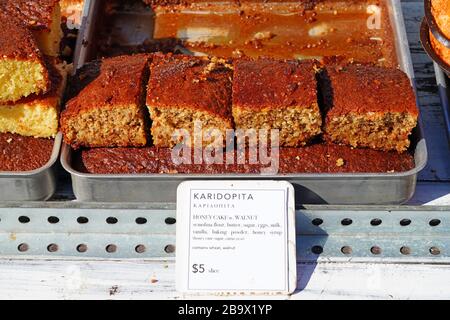 Slices of Greek honey cake with walnuts (karidopita) Stock Photo