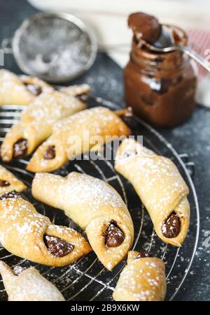 Rugelach with chocolate filling. Traditional Jewish holiday cookie Stock Photo