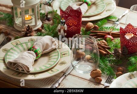 Christmas table setting. Holiday Decorations. Stock Photo