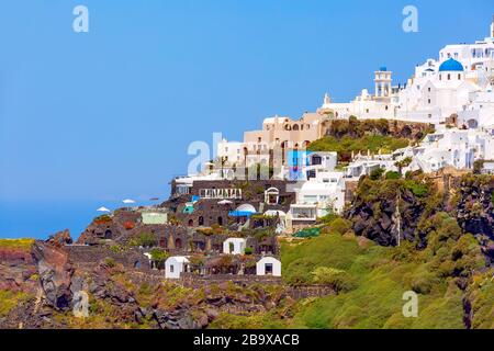 Greece, Santorini island in Cyclades, traditional white washed houses above the sea, panoramic view Stock Photo