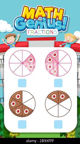 Math worksheet template design for fractions with pizza illustration ...