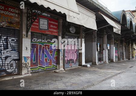 varvakios market at Athens Greece, closed coronavirus , Stock Photo