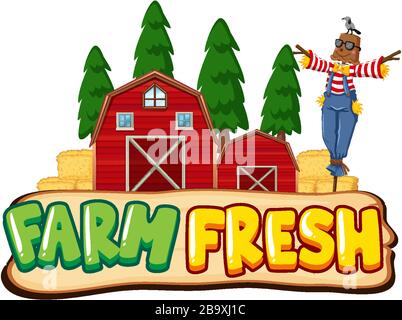 Font design for word farm fresh with scarecrow and red barns illustration Stock Vector
