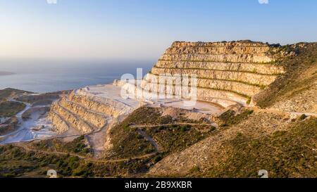 Aerial view of a gypsum quarry mine on the coast of Crete, Greece Stock Photo