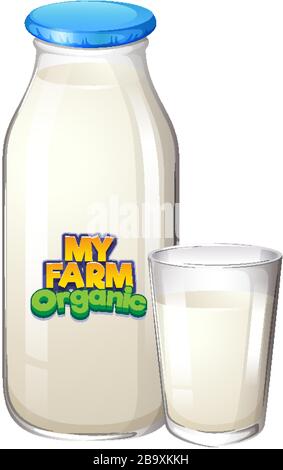 Font design with fresh milk in bottle and glass illustration Stock Vector