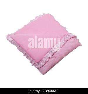 Pink baby recieving blanket. Rolled up soft pink cloth isolated on white background Stock Photo