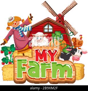 Font design for word my farm with animals and vegetables illustration Stock Vector