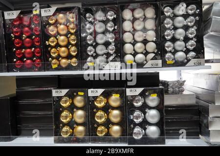 Dubai UAE December 2019 Beautiful multicolored Christmas balls in Christmas market. Sale of Christmas decorations and baubles in the store. Christmas Stock Photo