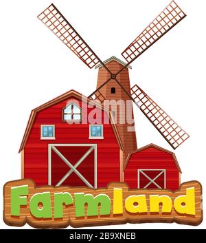 Word design for farmland with red barns and windmill illustration Stock Vector