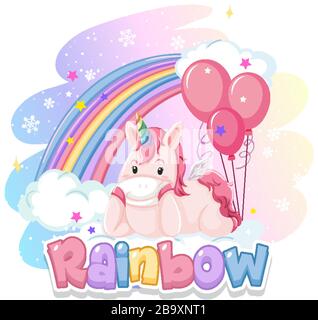 Font design for word rainbow with cute unicorn and pink balloons illustration Stock Vector
