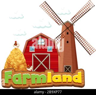 Word design for farmland with barn and windmill illustration Stock Vector