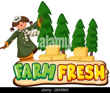 Word design for farm fresh with scarecrow and hay illustration Stock Vector