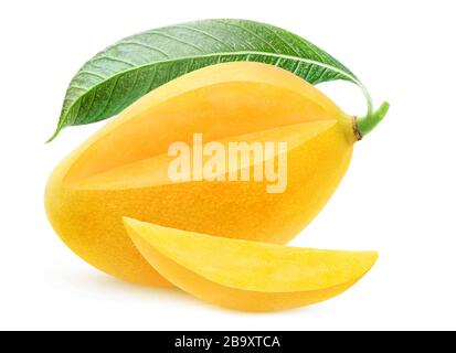 Isolated yellow mango. One whole mango fruit with leaf with cut out piece isolated on white background Stock Photo