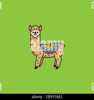 Alpaca with rainbow colored blanket vector illustration for Find A Rainbow Day on April 3. South American Camelid symbol. Stock Vector