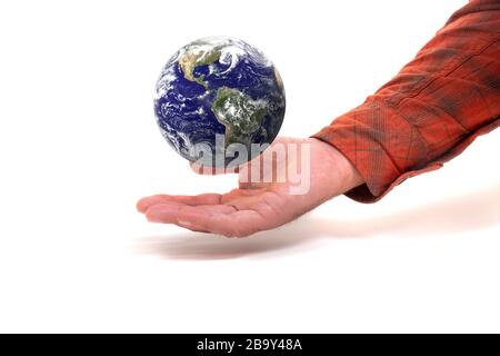 man hand with floating Planet Earth on a white background. Some Elements of this image furnished by NASA. Stock Photo