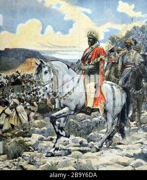 Emperor Negus Menelik II of Ethiopia at Battle of Adwa 1896, during the First Italo-Ethiopian War, which resulted in an Ethiopian Victory Ethiopia. Vintage or Old Illustration Stock Photo