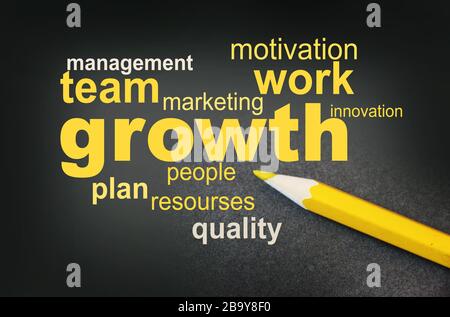 Growth cloud of words or tags related such as team work quality plan motivation. Yellow pencil on grey background. Business stratup development Stock Photo