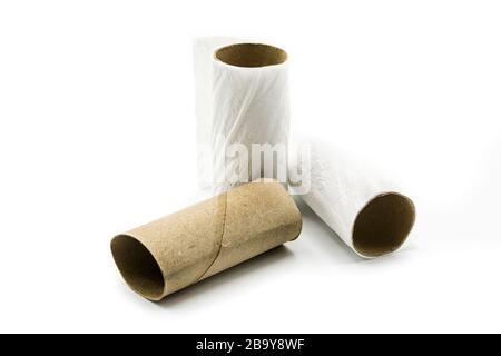 Empty toilet paper rolls isolated on white background Stock Photo