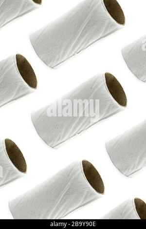 Empty toilet paper rolls pattern isolated on white background Stock Photo
