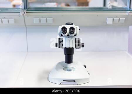 Laboratory microscope isolated on white close up Stock Photo