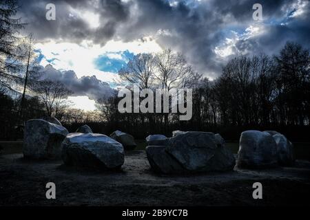 Global Stone Project   on Friday 28 February 2020 at Tiergarten, Berlin. The Global Stone Project consists of ten stones (Stone groups). Five stones are placed in the five continents of origin. The other five stones are placed in a circle in Berlin.. Picture by Julie Edwards. Stock Photo