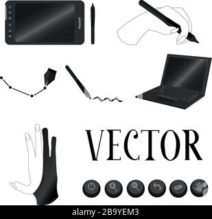 Objects for digital drawing. Tablet, laptop and stylus. Freelance work at home. Designers and artists. Stock Vector
