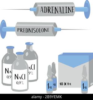 Medicine and pharmacy. Injection and resuscitation. Syringe with the drug. Detoxification dehydration. Shock treatment. Stock Vector